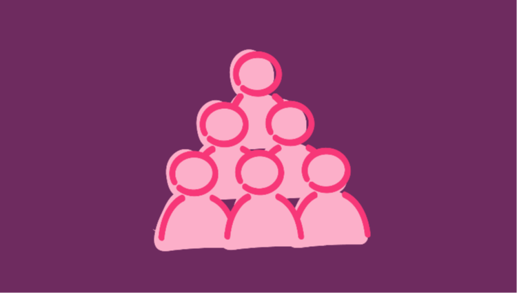 Pink icon of a group of people on purple background