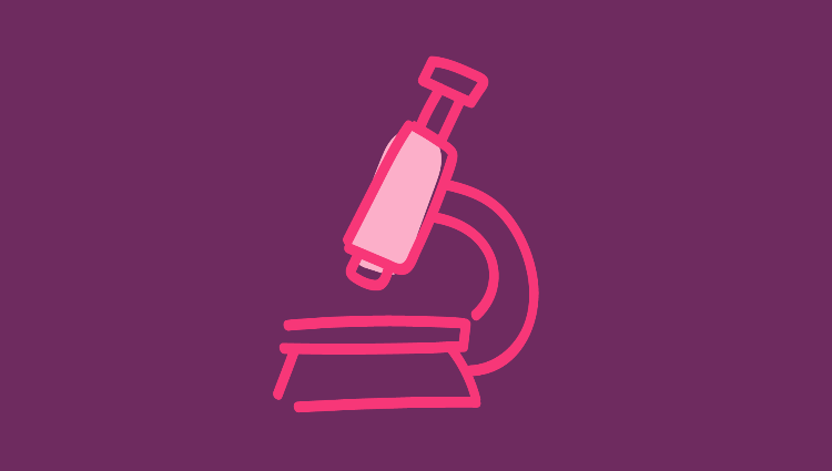 Pink icon of microscope on purple background